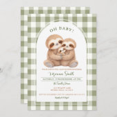 Modern Gingham Family Sloth Baby Shower Invitation 招待状 (正面/裏面)