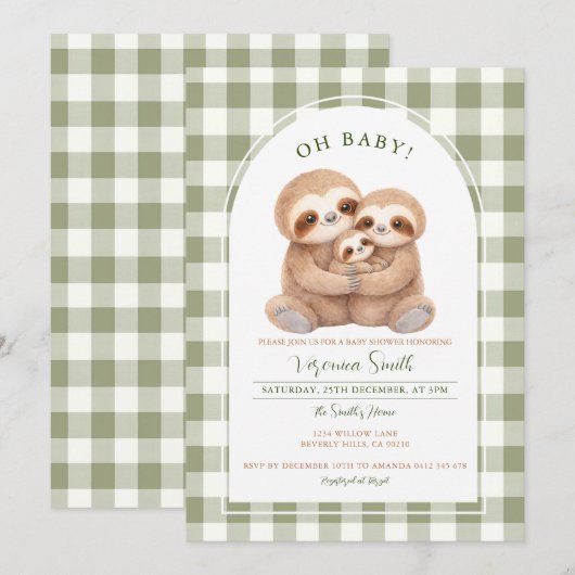 Modern Gingham Family Sloth Baby Shower Invitation 招待状 (正面/裏面)