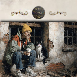 Modern Girl with Cat Urban Decoupage 薄葉紙