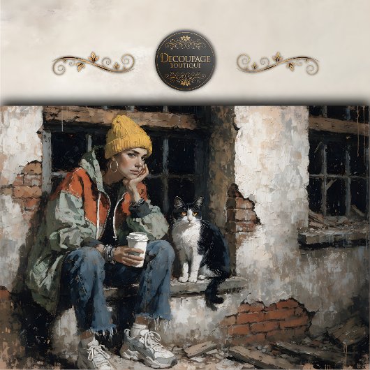 Modern Girl with Cat Urban Decoupage 薄葉紙