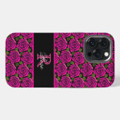Modern Girly Hot Pink Roses Custom Name Monogram  iPhoneケース (裏面横)