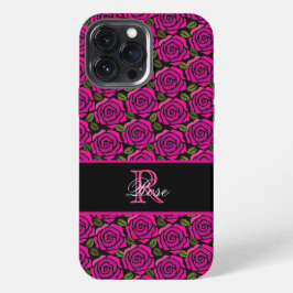 Modern Girly Hot Pink Roses Custom Name Monogram  iPhone 13 Pro Maxケース