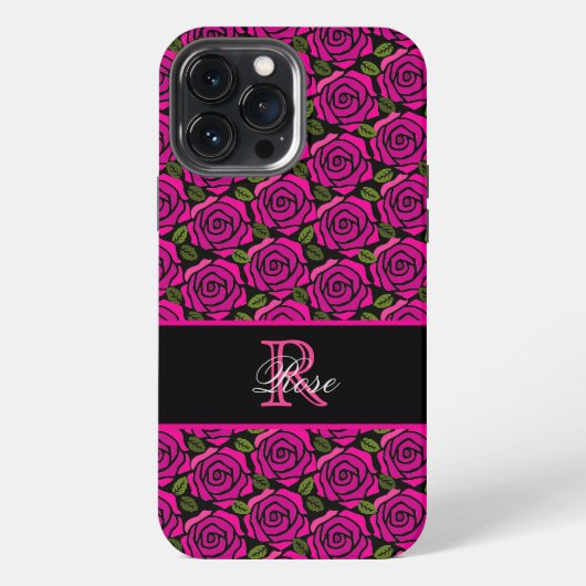 Modern Girly Hot Pink Roses Custom Name Monogram  iPhoneケース (裏面)