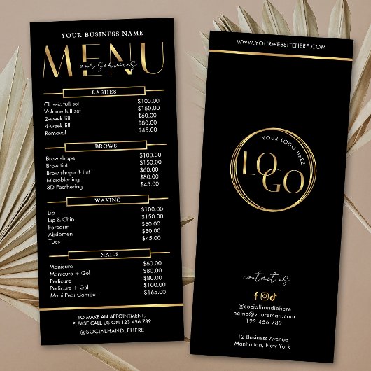 Modern Glam Black Gold Spa Beauty Salon Price List ラックカード