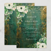 Modern Glam Emerald and Gold Wedding 招待状 (正面/裏面)