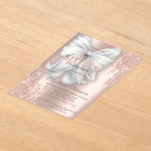 Modern Glitter Drips Bow Rose Gold Sweet 16 アクリル招待状 (レイダウン)