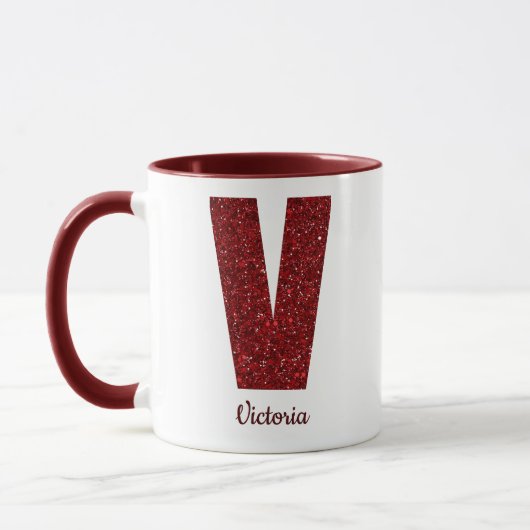 Modern Glitter Monogram V Mug with Name マグカップ (左)