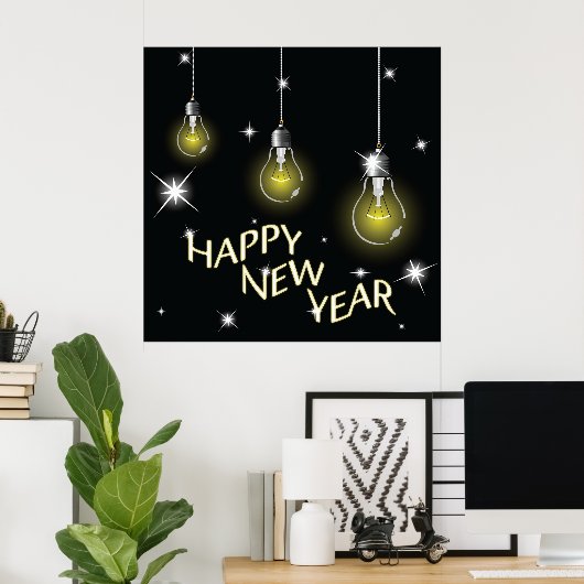 Modern Glowing Light Bulbs Happy New Year ポスター (ホームオフィス)