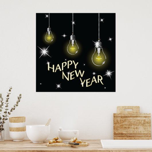 Modern Glowing Light Bulbs Happy New Year ポスター (キッチン)