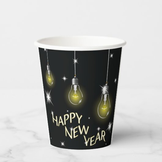 Modern Glowing Light Bulbs Happy New Year 紙コップ (正面)