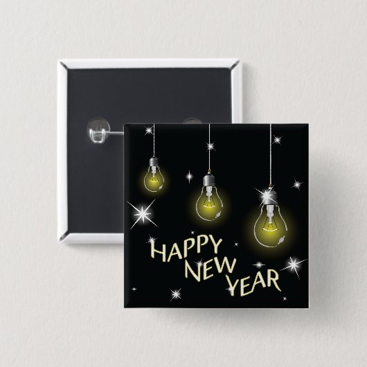 Modern Glowing Light Bulbs Happy New Year 缶バッジ (正面&裏面)