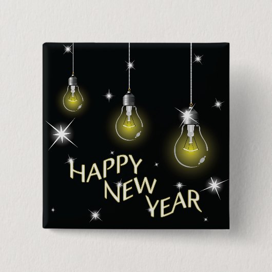 Modern Glowing Light Bulbs Happy New Year 缶バッジ (正面)