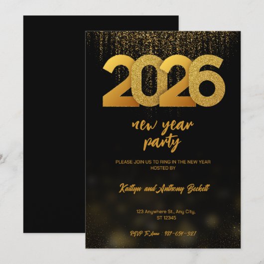 Modern Gold 2026 New Year Party Digital 招待状 (正面/裏面)