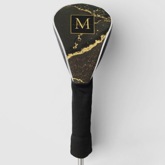 Modern Gold and Black Marbled Monogram ゴルフヘッドカバー (正面)
