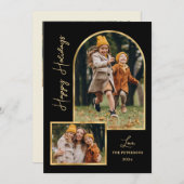 Modern Gold Arch 3 Photo Black Happy Holiday Card シーズンカード (正面/裏面)