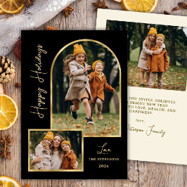 Modern Gold Arch 3 Photo Black Happy Holiday Card シーズンカード