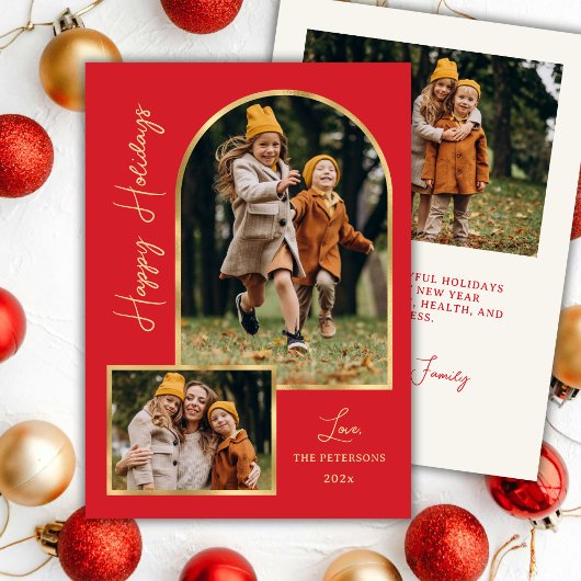 Modern Gold Arch 3 Photo Red Happy Holiday Card シーズンカード