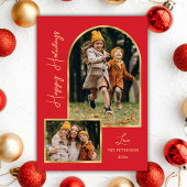 Modern Gold Arch 3 Photo Red Happy Holiday Card シーズンカード