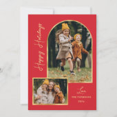 Modern Gold Arch 3 Photo Red Happy Holiday Card シーズンカード (正面)