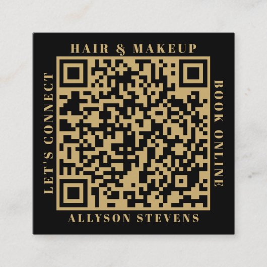 Modern Gold Black Bold QR Code Hair & Makeup スクエア名刺 (正面)