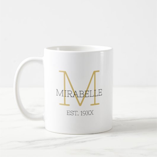 Modern Gold Black Minimalist Initial Name Monogram コーヒーマグカップ (左)