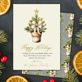 Modern Gold Bow Neutral Watercolor Christmas Tree シーズンカード