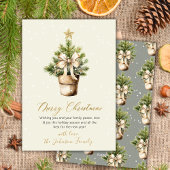 Modern Gold Bow Neutral Watercolor Christmas Tree シーズンカード
