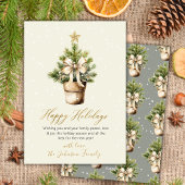 Modern Gold Bow Neutral Watercolor Christmas Tree シーズンカード