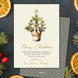 Modern Gold Bow Neutral Watercolor Christmas Tree シーズンカード
