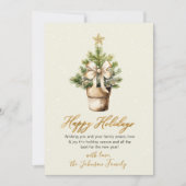 Modern Gold Bow Neutral Watercolor Christmas Tree シーズンカード (正面)