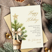 Modern Gold Bow Watercolor Christmas Tree Happy シーズンカード