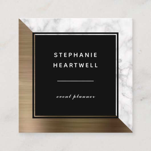 Modern Gold Brushed Metal White Marble Black スクエア名刺 (正面)