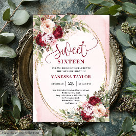 Modern Gold Burgundy Floral Sweet Sixteen Card 招待状