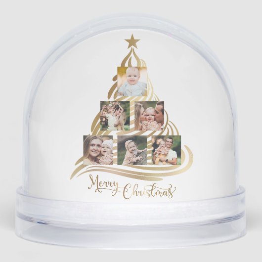 Modern Gold Christmas Tree Family Photo Snow Globe (正面)