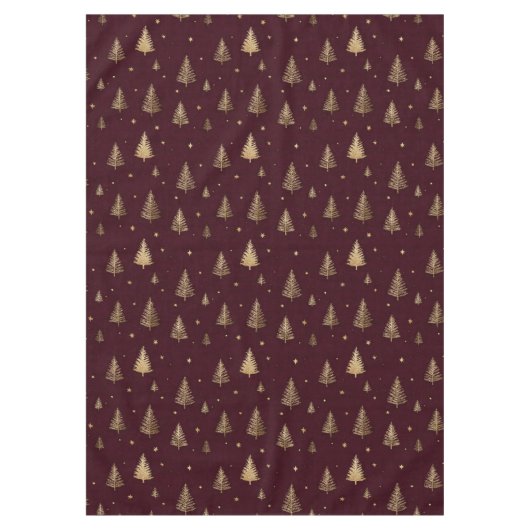 Modern Gold Christmas trees pattern on burgundy テーブルクロス (正面)