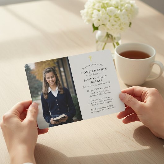 Modern Gold Cross Photo Confirmation Invite 招待状