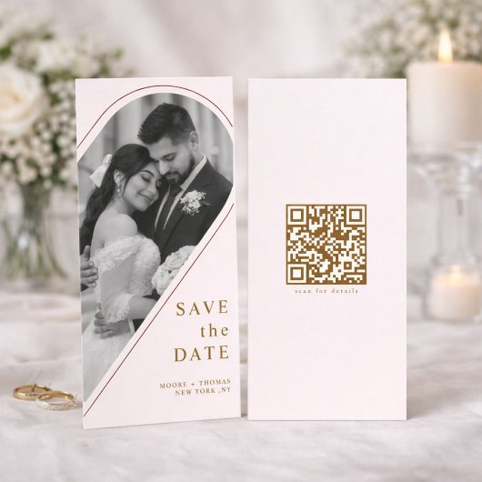 Modern Gold Curved Arch Photo QR Save the Date セーブザデート