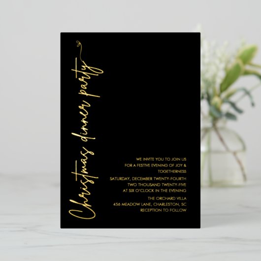 Modern Gold Foil Christmas Dinner Party 箔招待状 (立ち正面)