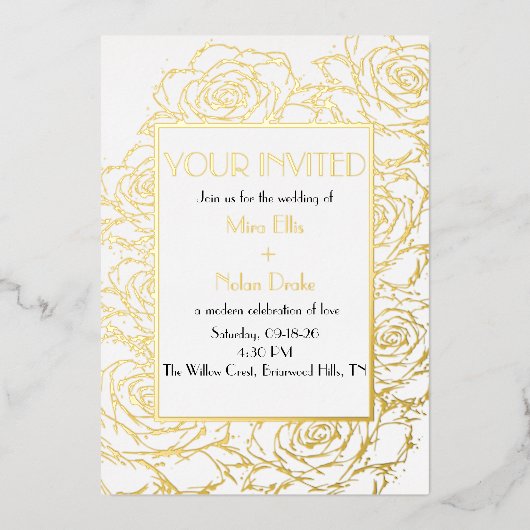 Modern Gold Foil Floral Wedding Invitation 箔招待状 (正面)
