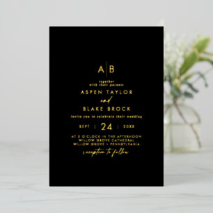 Modern Gold Foil Script Black Monogram Wedding 箔招待状
