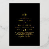 Modern Gold Foil Script | Black Monogram Wedding 箔招待状 (正面)