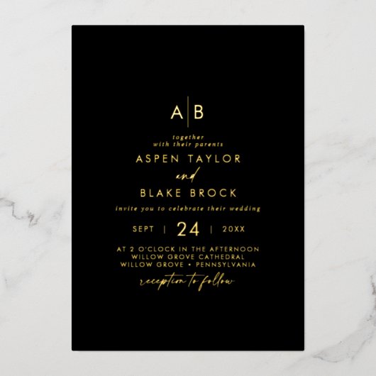 Modern Gold Foil Script | Black Monogram Wedding 箔招待状 (正面)
