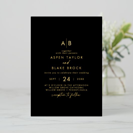 Modern Gold Foil Script | Black Monogram Wedding 箔招待状 (立ち正面)