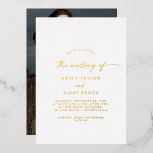 Modern Gold Foil Script Photo Wedding 箔招待状
