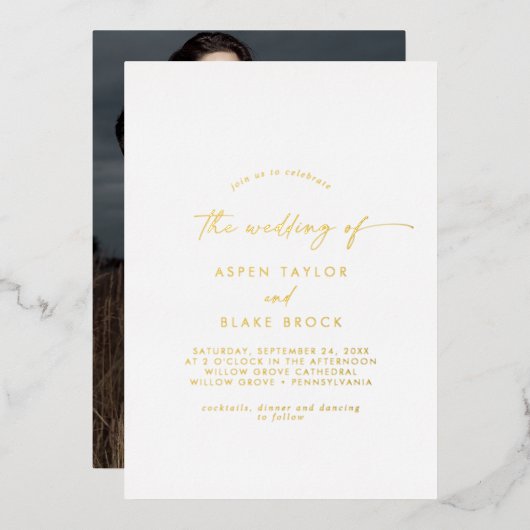Modern Gold Foil Script Photo Wedding 箔招待状 (正面/裏面)