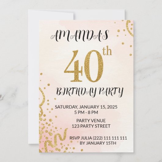 Modern Gold Glitter 40th Birthday 招待状 (正面)