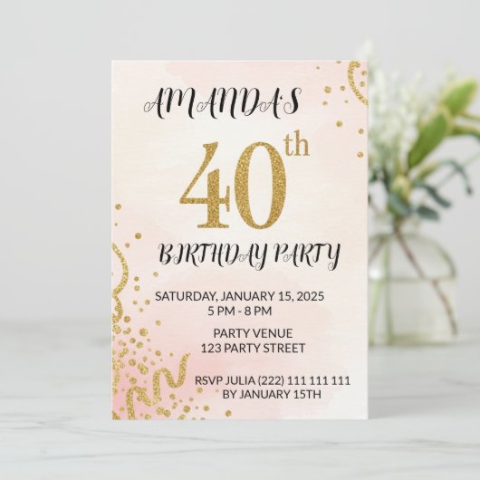 Modern Gold Glitter 40th Birthday 招待状 (スタンド正面)