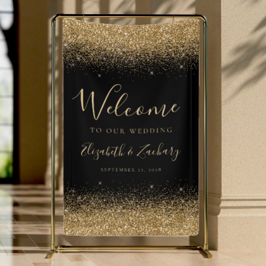 Modern Gold Glitter Black Wedding Welcome 横断幕