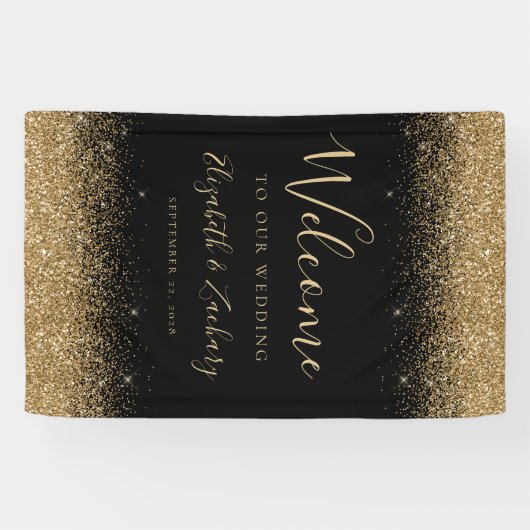 Modern Gold Glitter Black Wedding Welcome 横断幕 (横)