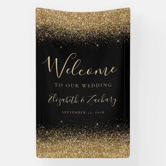 Modern Gold Glitter Black Wedding Welcome 横断幕 (縦)